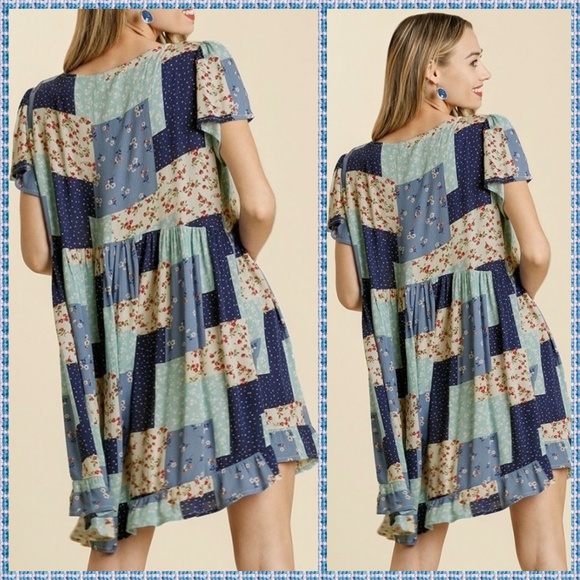 🛍 Umgee Mini Dress W/Square Neckline Ruffled Hem - Picture 2 of 12